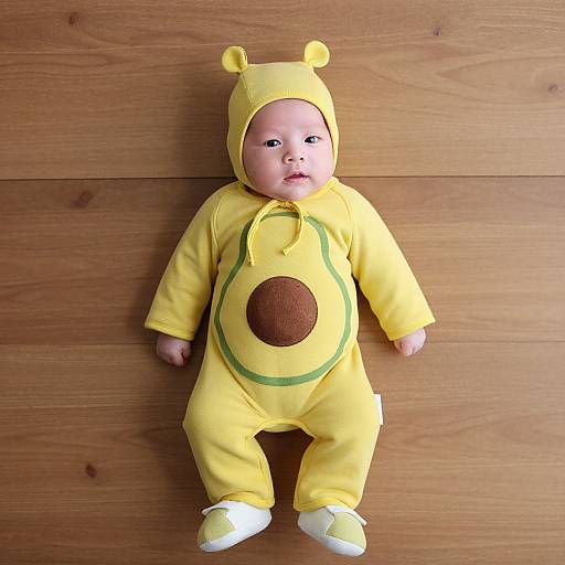 Photograph of a baby in a yellow onesie with bear ears and a green circle, brown button, and white shoes, lying on wooden floor.