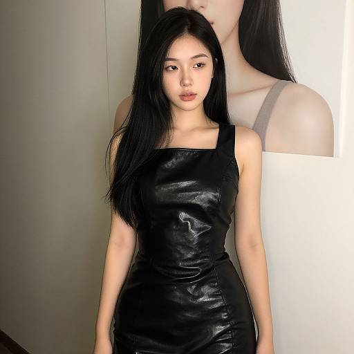 Photograph of an East Asian woman with long black hair, wearing a sleek black leather dress, standing in front of a larger, partially obscured, white