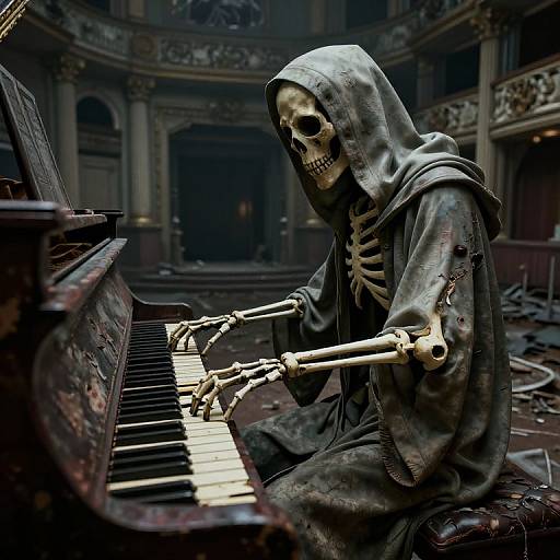 Photorealistic digital art of a skeletal figure in a tattered hood playing a weathered, rusty piano in a dimly lit, ornate,