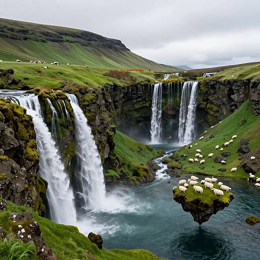 Photograph of a lush, green Icelandic landscape with cascading waterfalls, grazing sheep on mossy cliffs, and a cloudy sky.