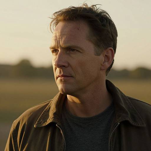 Photograph of a middle-aged man with short, messy brown hair, wearing a dark jacket over a gray shirt, illuminated by sunset light, with a