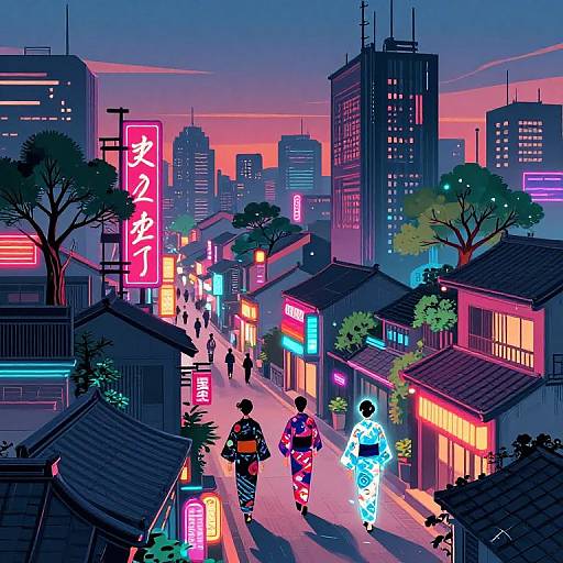 Cyberpunk Cityscape with Neon Kimono