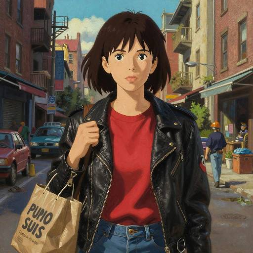 Digital illustration of a young Asian woman with short black hair, wearing a red shirt, black leather jacket, and blue jeans, holding a 