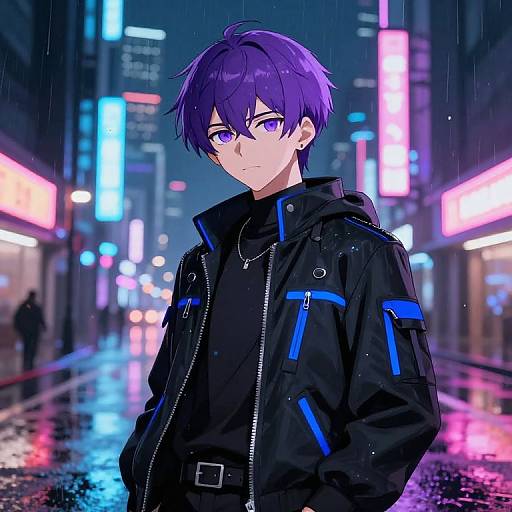 Anime-style digital artwork of a purple-haired, violet-eyed young man in a black jacket with blue accents, standing in a neon-lit, rainy city