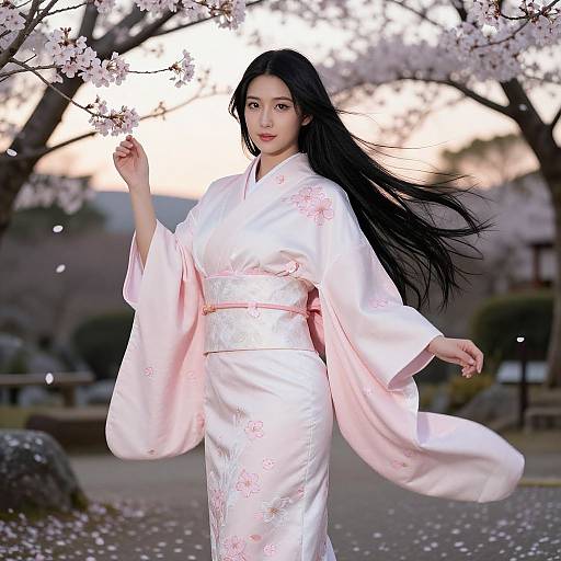 Photograph of an East Asian woman with long black hair in a pink floral kimono, standing amidst cherry blossoms at sunset.