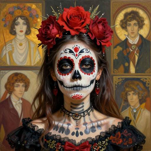 Photograph of a woman with Day of the Dead face paint, red flower crown, black lace dress, surrounded by classical portraits.