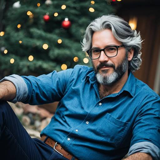 Man with Tousled Gray Hair and Retro Glasses by Christmas Tree