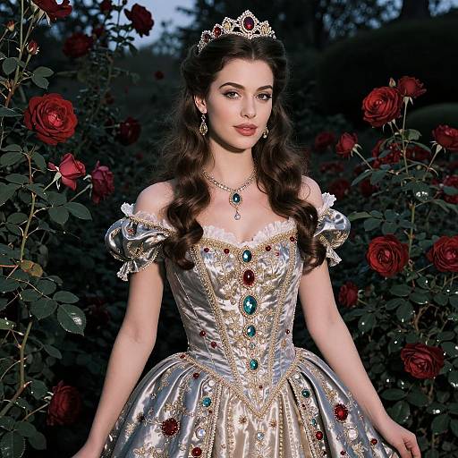 Photograph of a fair-skinned woman with long brown hair, wearing a silver and gold princess gown with red and blue gems, tiara, and