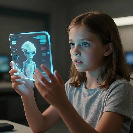 Photograph of a young girl with light brown hair and blue eyes, wearing a gray shirt, holding a glowing holographic tablet with a human skeleton image