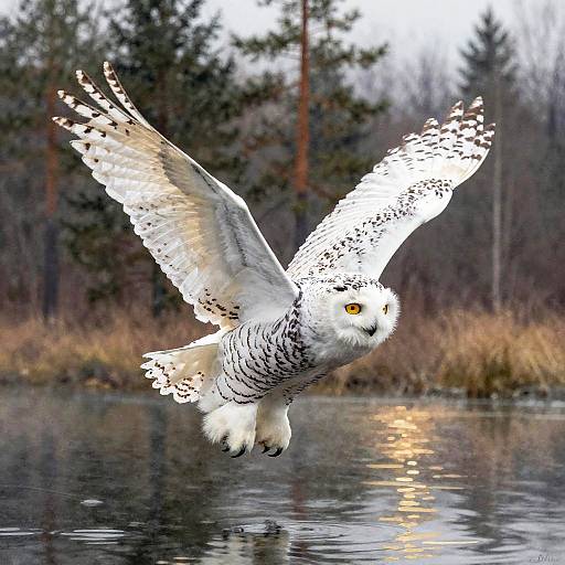 Majestic Snowy Owl in Flight Over Water