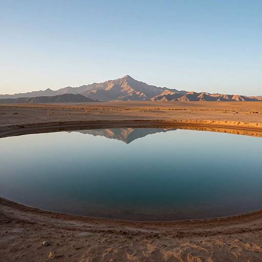 Photograph of a serene, circular mirror-like pond reflecting distant, sunlit mountains under a clear blue sky in a barren desert landscape.