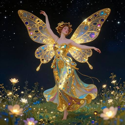 Glowing fairy in golden, iridescent wings and dress, surrounded by twinkling flowers and stars, dancing under a starry night sky.