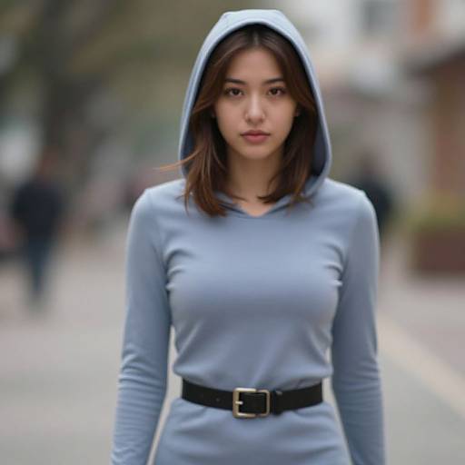 Photograph of an attractive young woman with medium skin tone, brown eyes, and shoulder-length brown hair, wearing a light blue hooded dress and black