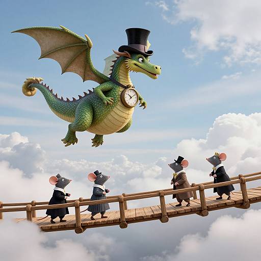 Cartoon-style image of a green dragon in a top hat and clock, flying above a wooden bridge with mouse-like characters in formal attire walking below,