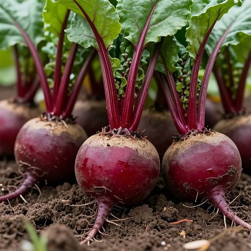 Photograph of vibrant red beetroot with green leaves and thick purple stems, planted in dark, rich soil, close-up view.