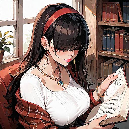 Cute Girl Reading in Cozy Library