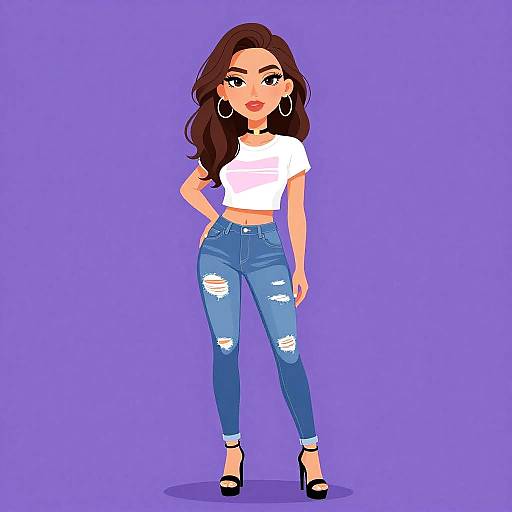 Digital illustration of a stylish woman with long brown hair, wearing a white crop top, ripped blue jeans, black high heels, and large hoop earrings,