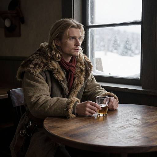 Photograph of a serious, blonde-haired man with long hair, wearing a fur-trimmed coat and red scarf, sitting by a wooden table with