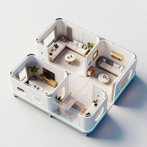 Aerial CGI of modern, minimalist apartment layout featuring two rooms, white furniture, circular rugs, potted plants, and ample natural light.