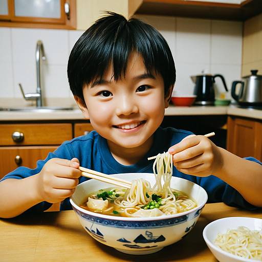 Smiling Asian Boy Eating Wonton Soup