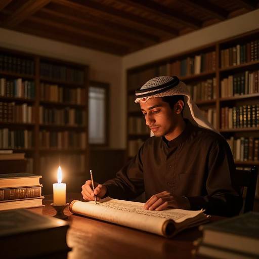 Young Arab Scholar in Candlelit Library