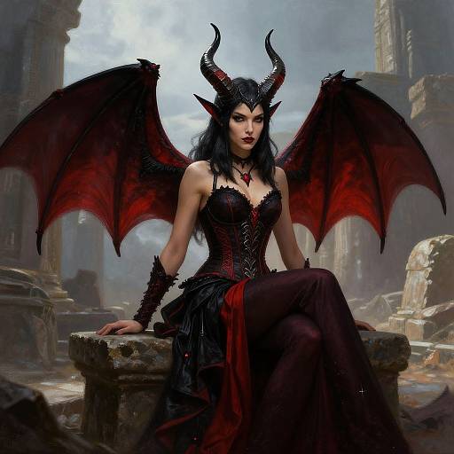 Digital art of a dark-haired demoness with red-black wings, horns, and black-red dress, seated on ruins under a cloudy sky.