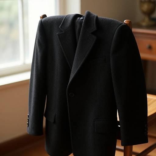 Photograph of a dark navy wool overcoat displayed on a wooden mannequin in a sunlit room with a blurred window.