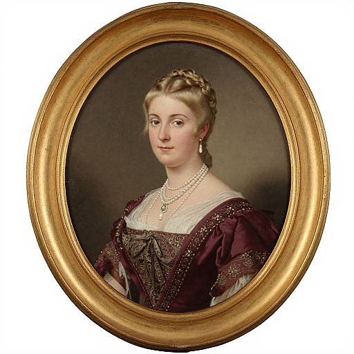 18th-century oil portrait of a refined, fair-skinned woman with elaborate braided hair, wearing a maroon gown with gold embroidery, pearl neck