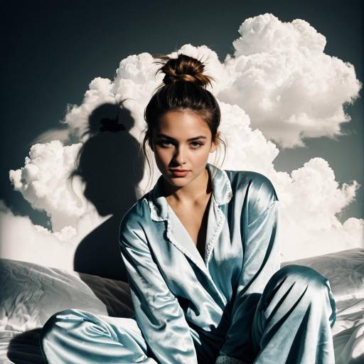 Young Woman in Blue Satin Pajamas with Cloud Background