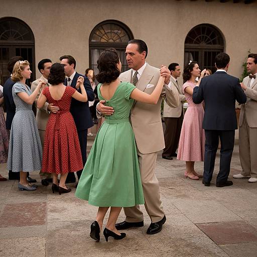 Photograph of a 1950s-style dance party. A man in a beige suit and a woman in a green dress dance centrally, surrounded by
