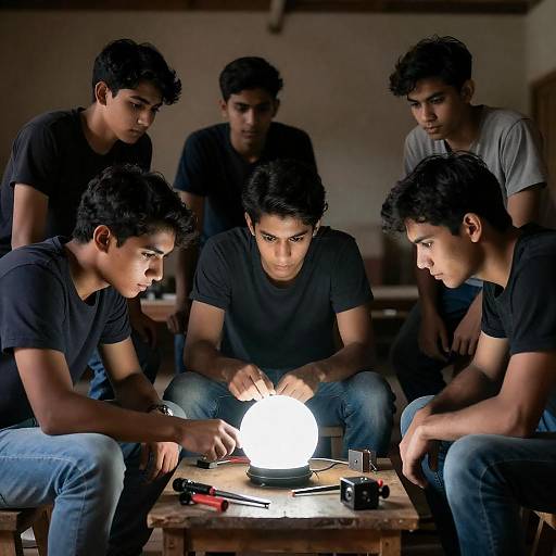 Six Men Focused on Glowing Object
