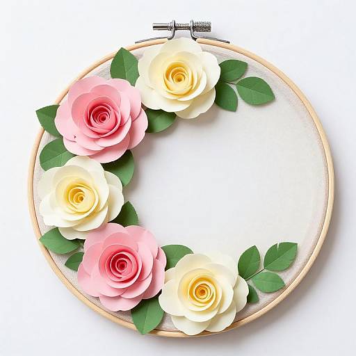 Circular floral frame with pink and yellow roses, green leaves, and wooden border on white background, digital art style.