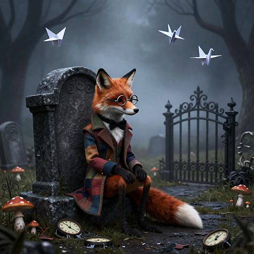 Melancholic Dapper Fox on Crooked Gravestone
