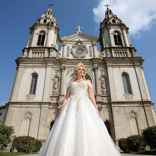Photograph of a blonde bride in a white lace wedding dress standing in front of an ornate, twin-towered stone cathedral under a clear blue sky