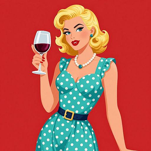 Vintage-style digital illustration of a blonde woman with red lipstick, polka dot dress, pearl necklace, holding a glass of red wine against a bright red