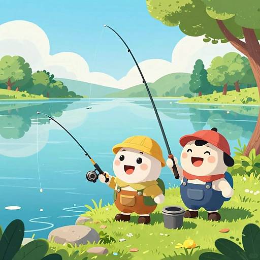 Vibrant Cartoon Lakeside Fishing Adventure