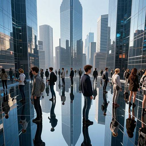 Photograph of a bustling modern city plaza with reflective glass buildings, crowded with business professionals in suits and casual attire.