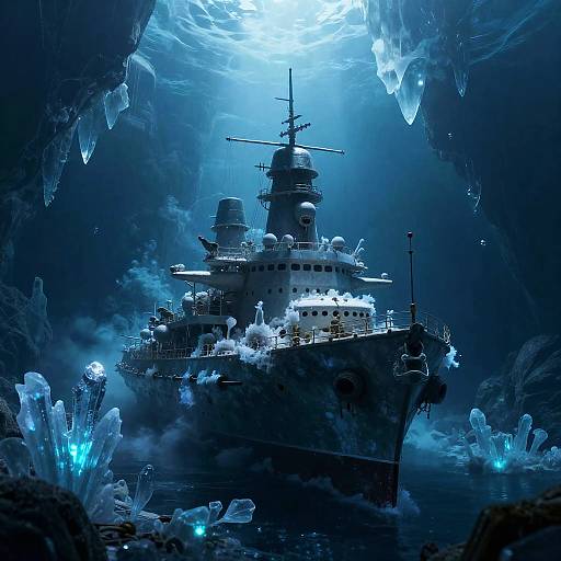 Submerged Ghostly Ironclad in Luminescent Ice Cavern