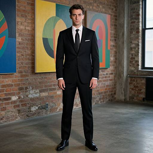 Photograph of a handsome man in a black suit, white shirt, and black tie standing in an art gallery with colorful abstract paintings on brick walls.