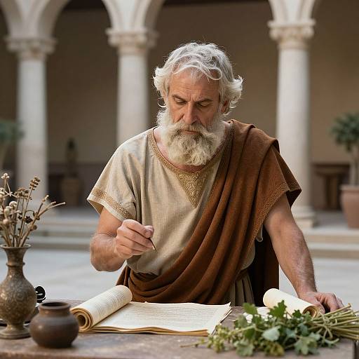 Ancient bearded man with white hair, wearing brown and beige toga, writing in illuminated manuscript, surrounded by potted plants and vases.