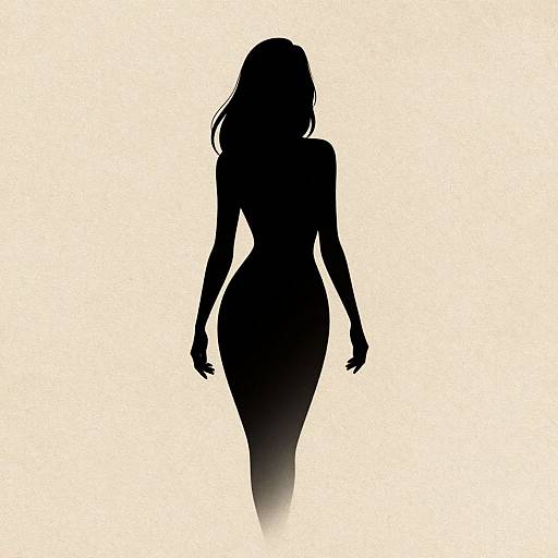 Black silhouette of a curvy woman with long hair, standing against a white background, arms slightly bent, facing forward.