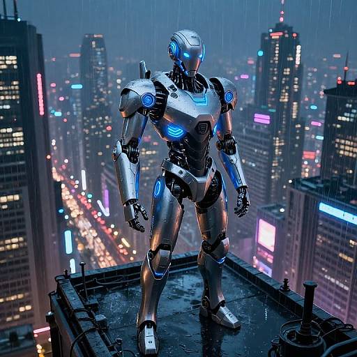 Cybernetic humanoid robot with glowing blue lights stands on rooftop in futuristic, rainy cityscape, illuminated skyscrapers in background. CGI art.
