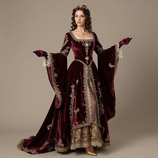 Photograph of a fair-skinned woman in a rich, burgundy Renaissance-style velvet gown with gold embroidery and lace, standing gracefully against a plain gray