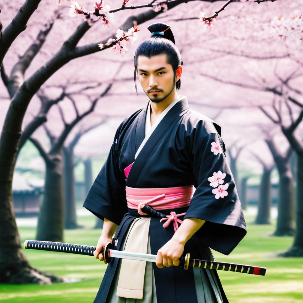 Determined Young Samurai in Cherry Blossom Grove