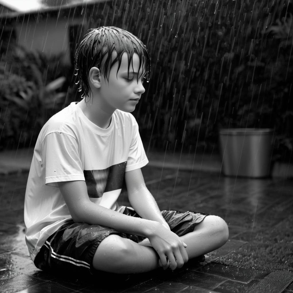 Teenage Boy in Rainstorm Black and White