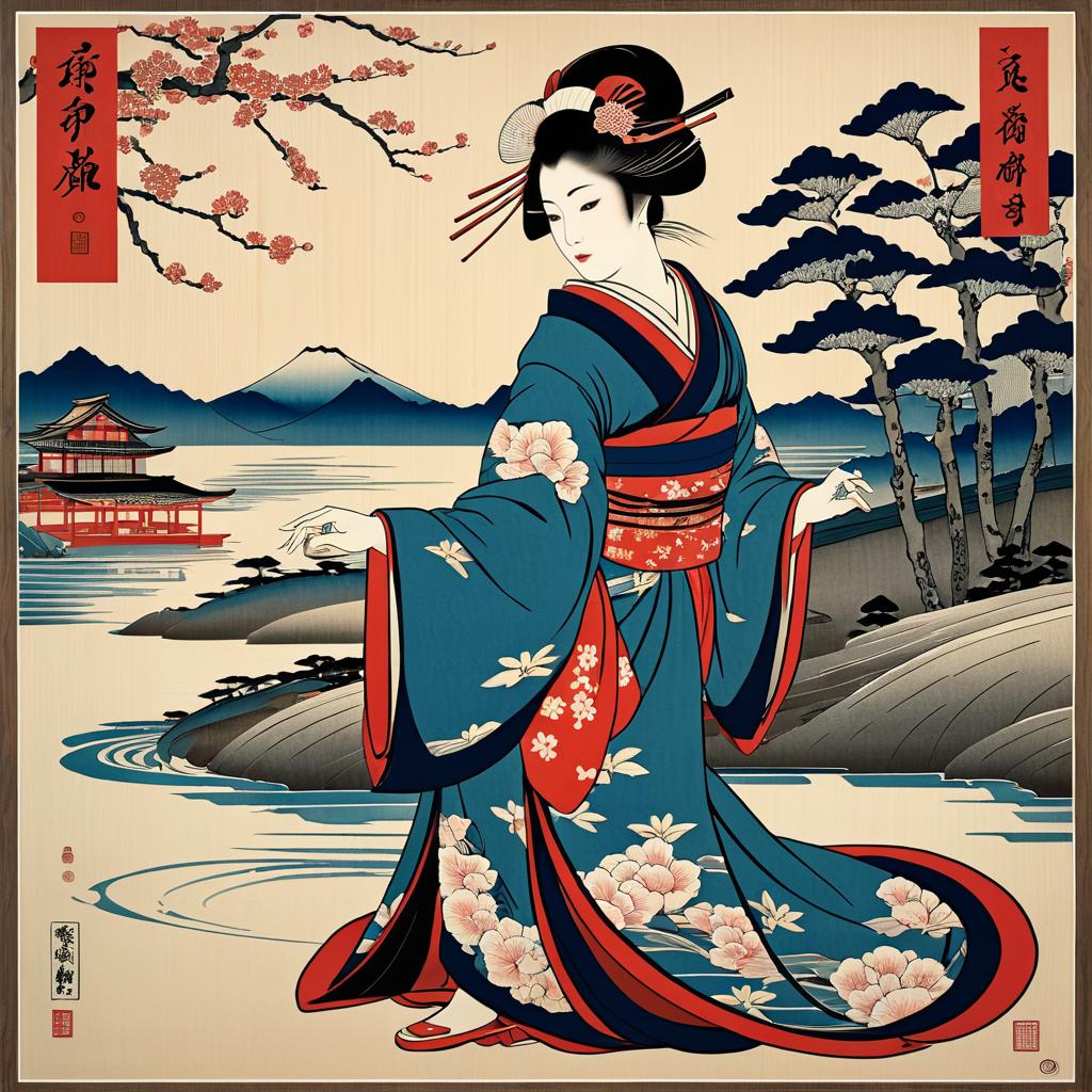 Intricate Kuniyoshi Style Geisha Print