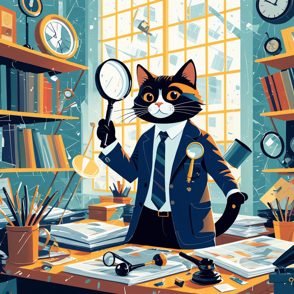 Curious Cat Detective in Rainy Office