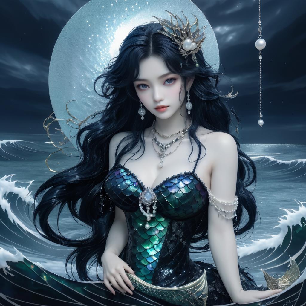 Forlorn Mermaid in Stormy Ocean Scene