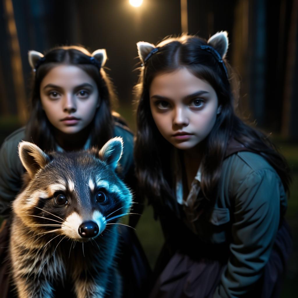 Eerie Encounter: Raccoon and Girl in Shadows