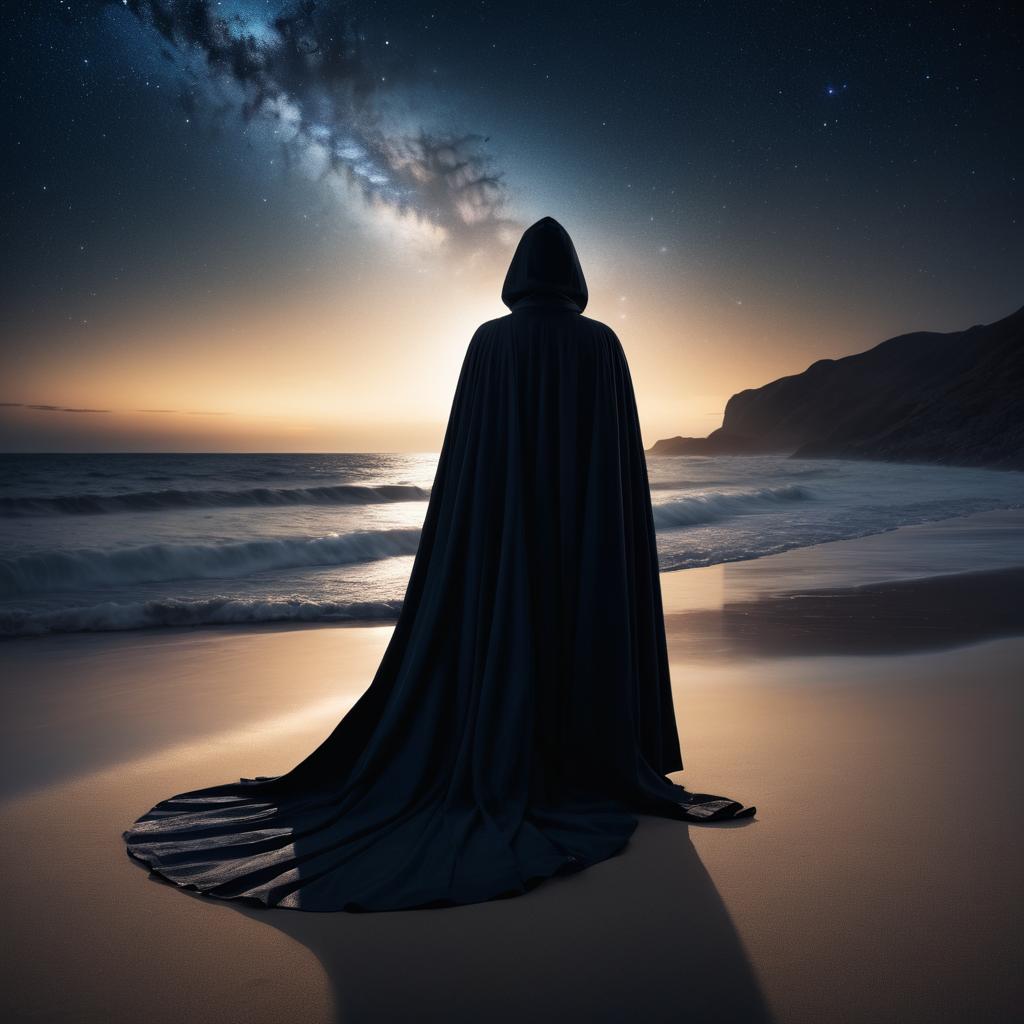 Mysterious Cloaked Figure on Beach